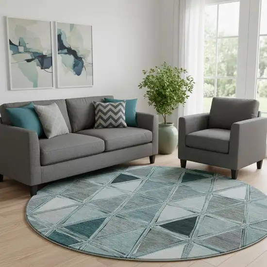 8' Teal Gray And Ivory Geometric Washable Round Rug With UV Protection Photo 1
