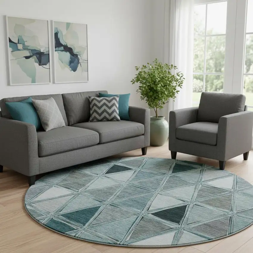 8' Teal Gray And Ivory Geometric Washable Round Rug With UV Protection Photo 1