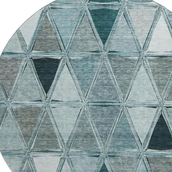8' Teal Gray And Ivory Geometric Washable Round Rug With UV Protection Photo 4