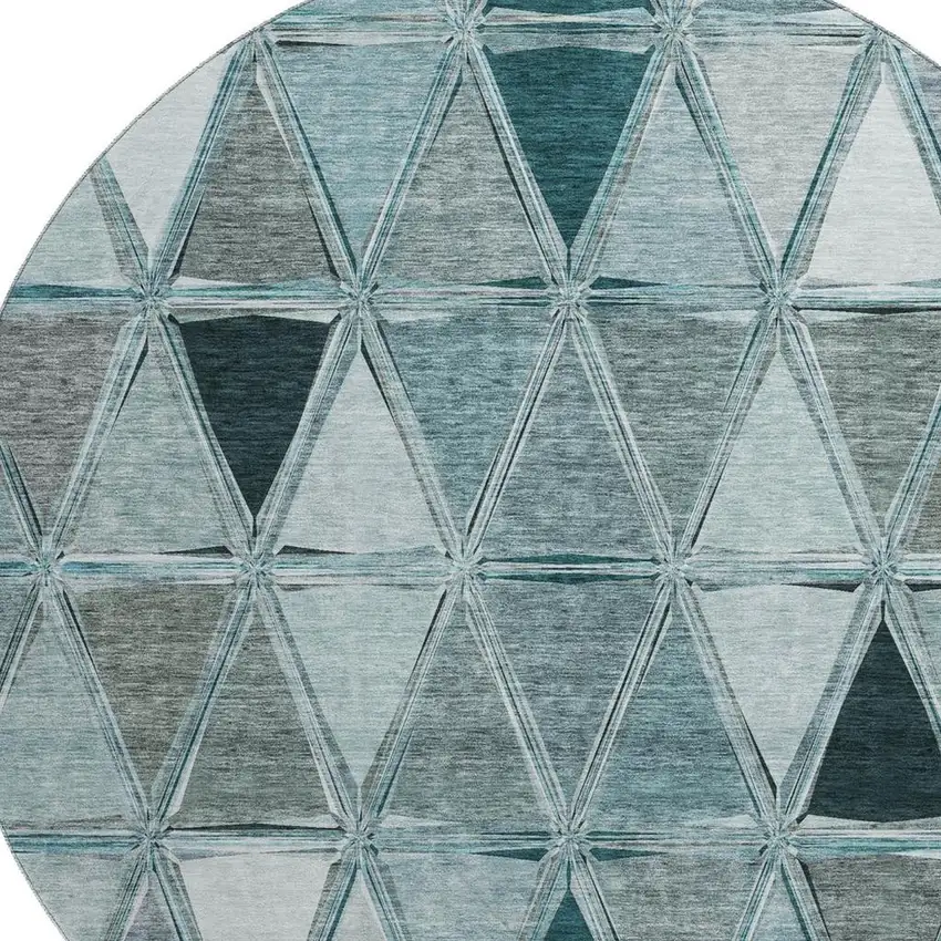 8' Teal Gray And Ivory Geometric Washable Round Rug With UV Protection Photo 4