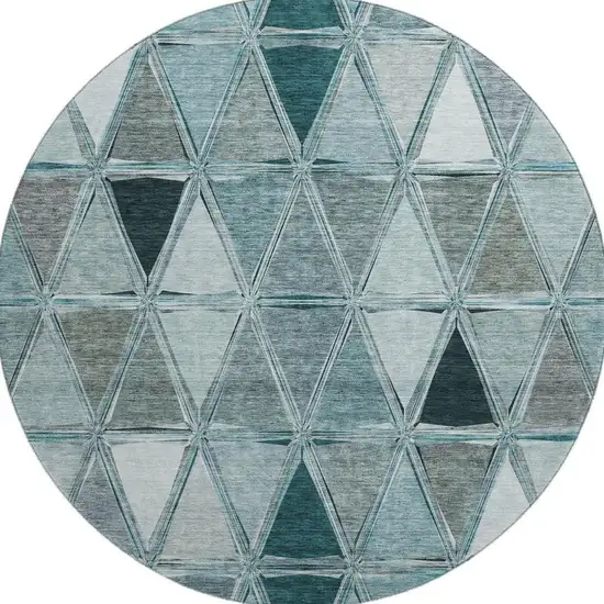 8' Teal Gray And Ivory Geometric Washable Round Rug With UV Protection Photo 3
