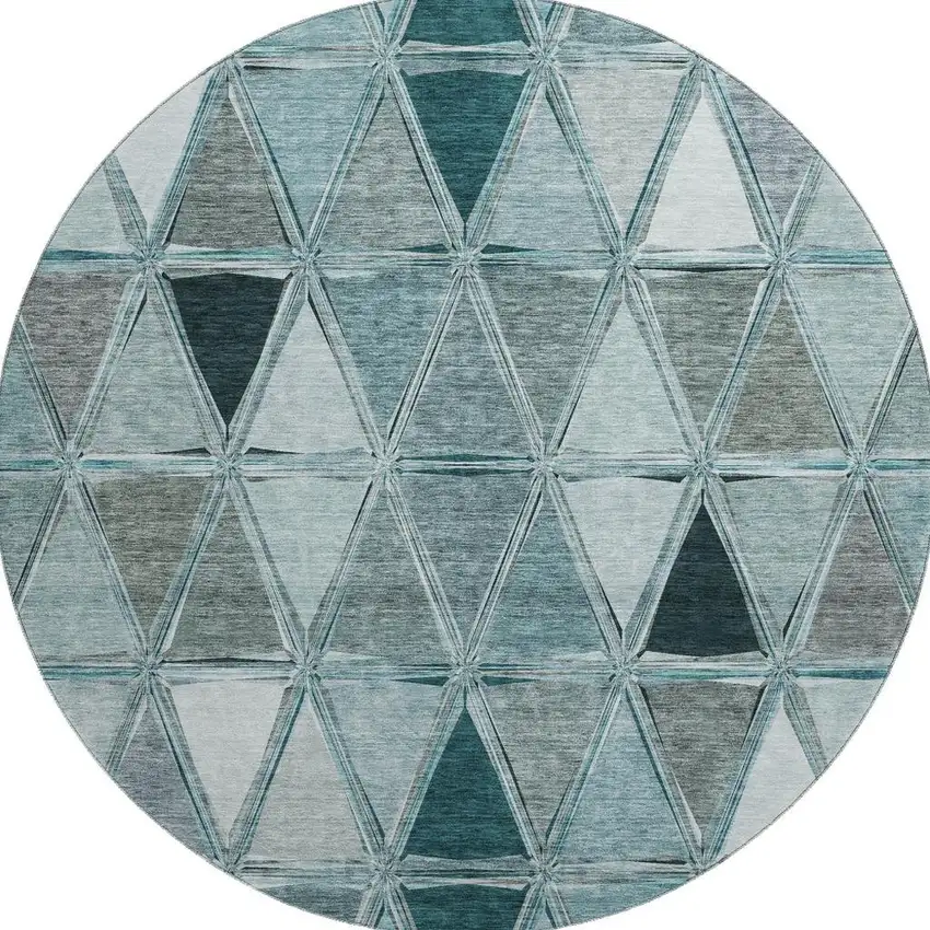 8' Teal Gray And Ivory Geometric Washable Round Rug With UV Protection Photo 3