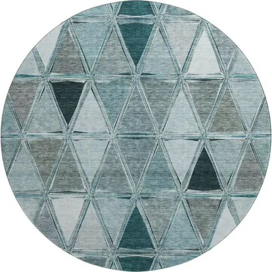 8' Teal Gray And Ivory Geometric Washable Round Rug With UV Protection Photo 1