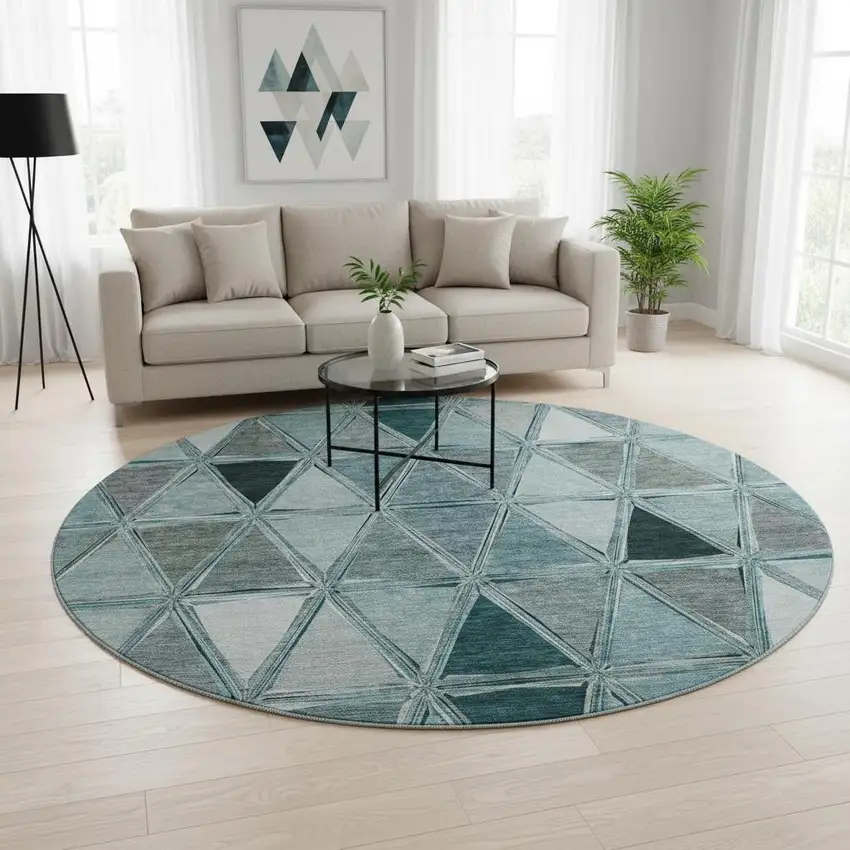 8' Teal Gray And Ivory Geometric Washable Round Rug With UV Protection Photo 2
