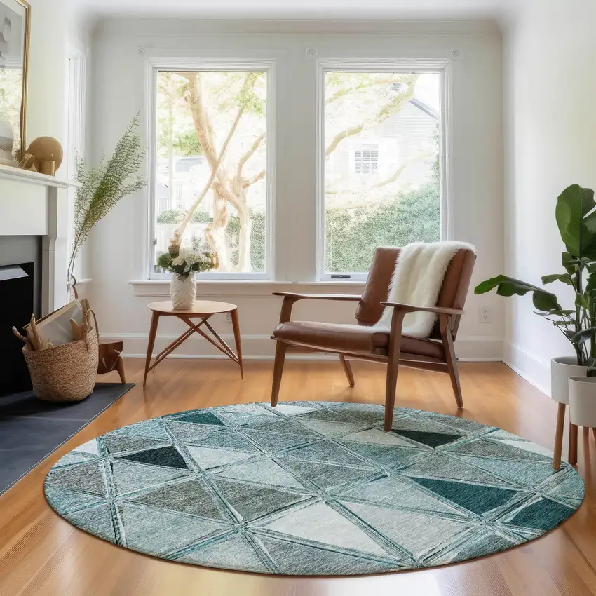 8' Teal Gray And Ivory Geometric Washable Round Rug With UV Protection Photo 5