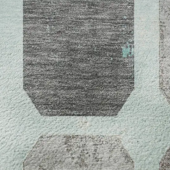 8' Teal Gray And Ivory Geometric Washable Round Rug With UV Protection Photo 9