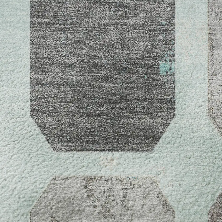 8' Teal Gray And Ivory Geometric Washable Round Rug With UV Protection Photo 9