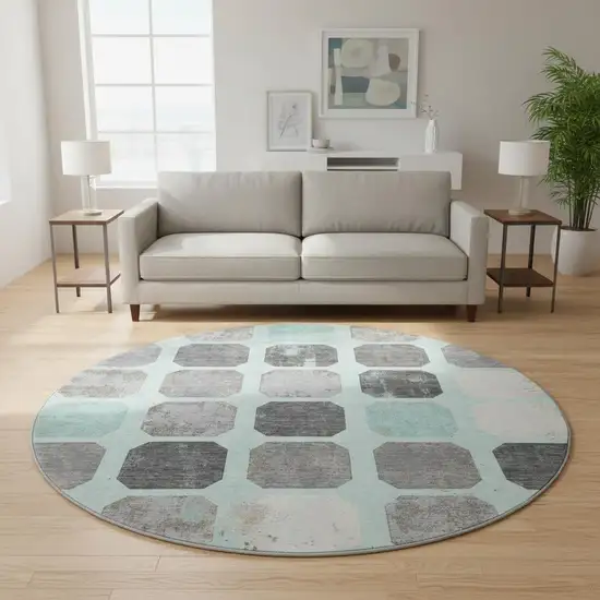 8' Teal Gray And Ivory Geometric Washable Round Rug With UV Protection Photo 2