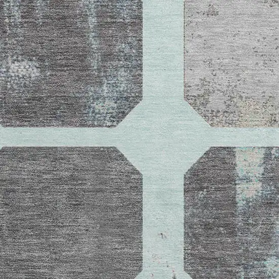 8' Teal Gray And Ivory Geometric Washable Round Rug With UV Protection Photo 3