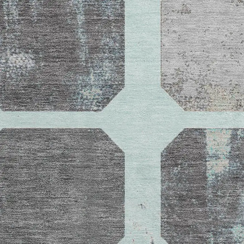 8' Teal Gray And Ivory Geometric Washable Round Rug With UV Protection Photo 3