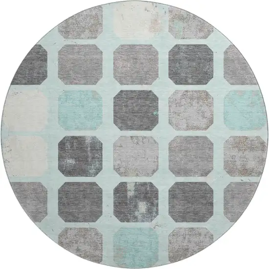 8' Teal Gray And Ivory Geometric Washable Round Rug With UV Protection Photo 1