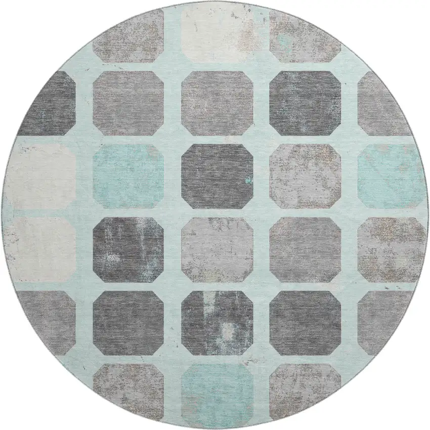 8' Teal Gray And Ivory Geometric Washable Round Rug With UV Protection Photo 1
