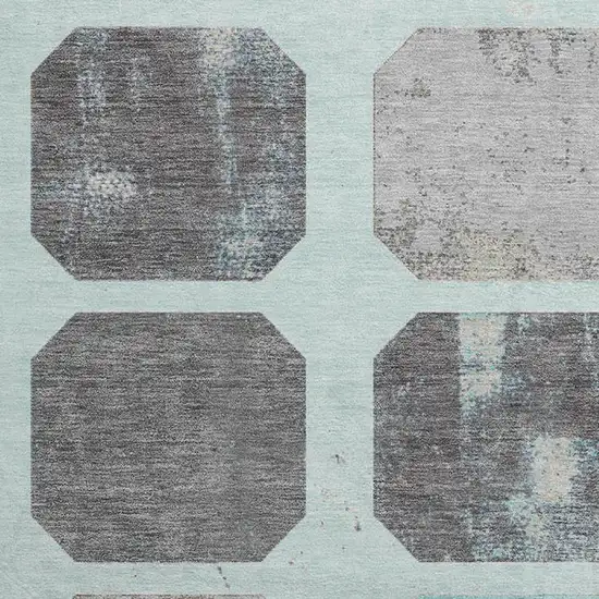 8' Teal Gray And Ivory Geometric Washable Round Rug With UV Protection Photo 4