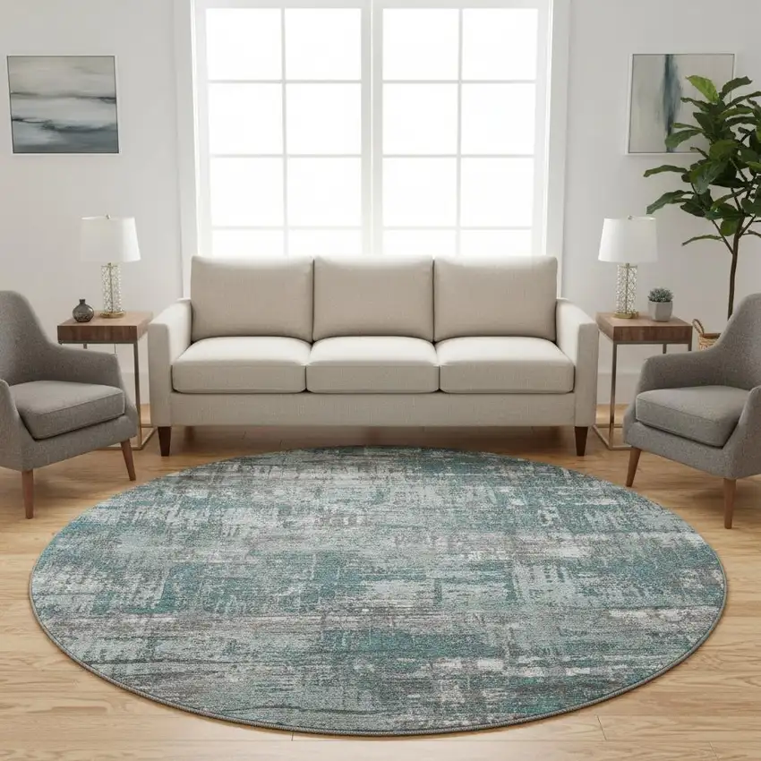 8' Teal Gray And Ivory Geometric Washable Round Rug With UV Protection Photo 2
