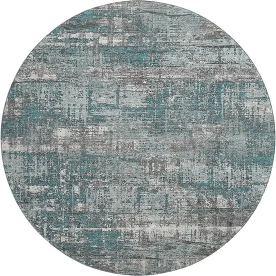 8' Teal Gray And Ivory Geometric Washable Round Rug With UV Protection Photo 1