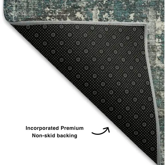 8' Teal Gray And Ivory Geometric Washable Round Rug With UV Protection Photo 6