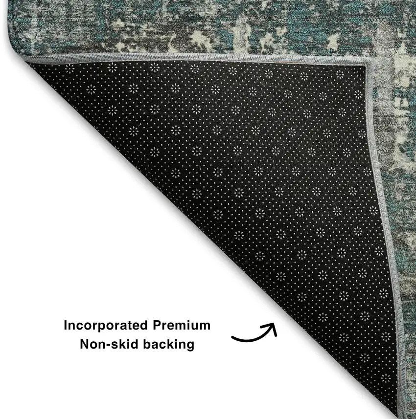 8' Teal Gray And Ivory Geometric Washable Round Rug With UV Protection Photo 6