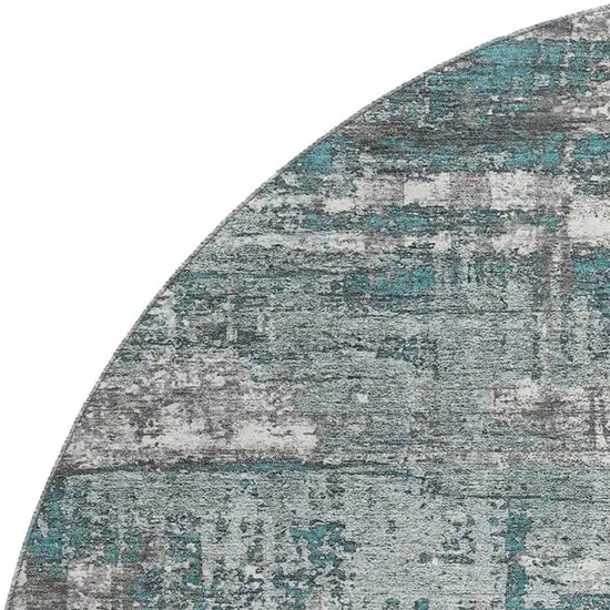 8' Teal Gray And Ivory Geometric Washable Round Rug With UV Protection Photo 3