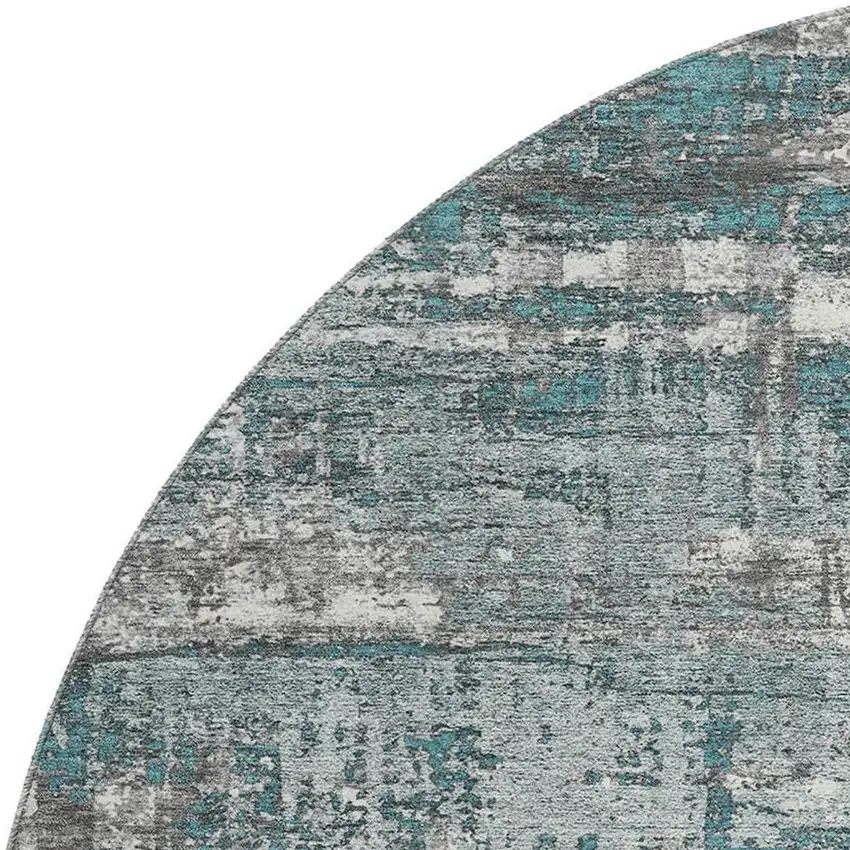 8' Teal Gray And Ivory Geometric Washable Round Rug With UV Protection Photo 3