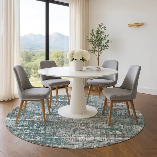 8' Teal Gray And Ivory Geometric Washable Round Rug With UV Protection Photo 5