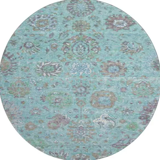 8' Teal Gray And Ivory Oriental Washable Round Rug With UV Protection Photo 4