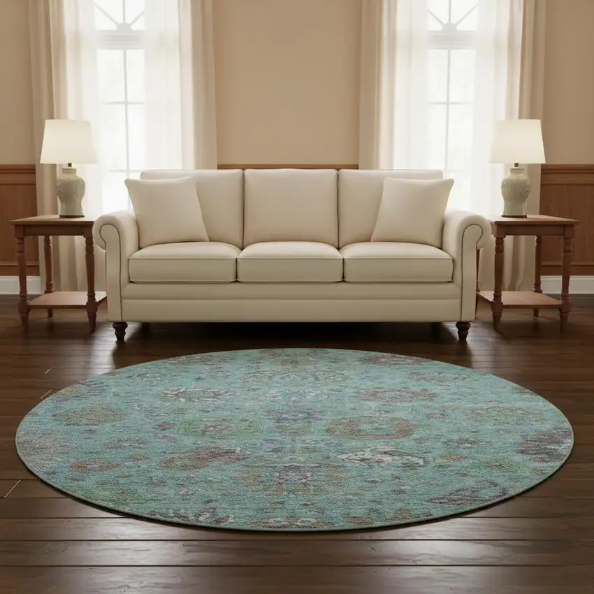8' Teal Gray And Ivory Oriental Washable Round Rug With UV Protection Photo 2