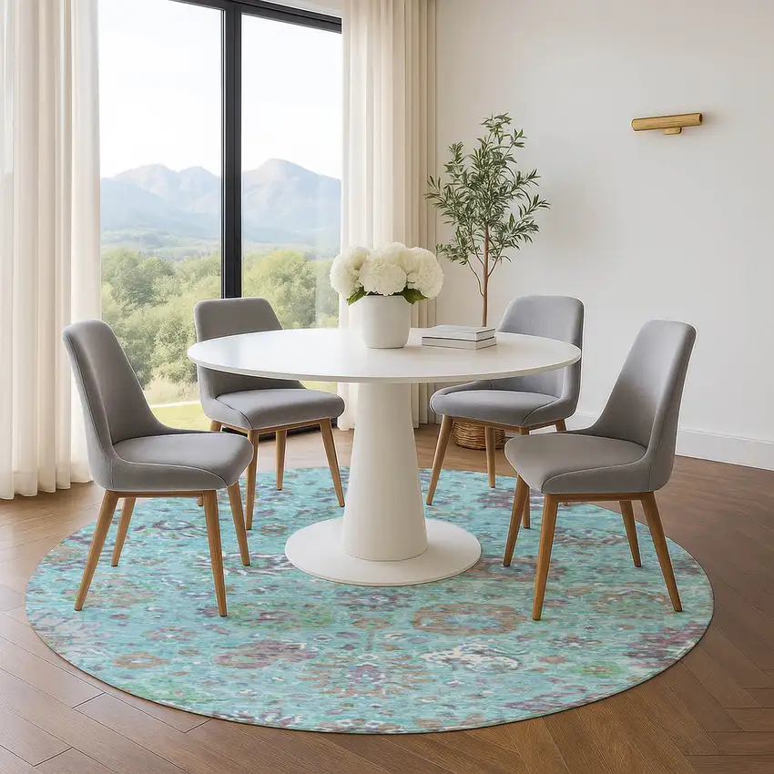 8' Teal Gray And Ivory Oriental Washable Round Rug With UV Protection Photo 5