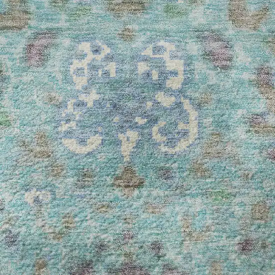 8' Teal Gray And Ivory Oriental Washable Round Rug With UV Protection Photo 9