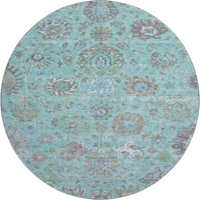 8' Teal Gray And Ivory Oriental Washable Round Rug With UV Protection Photo 1