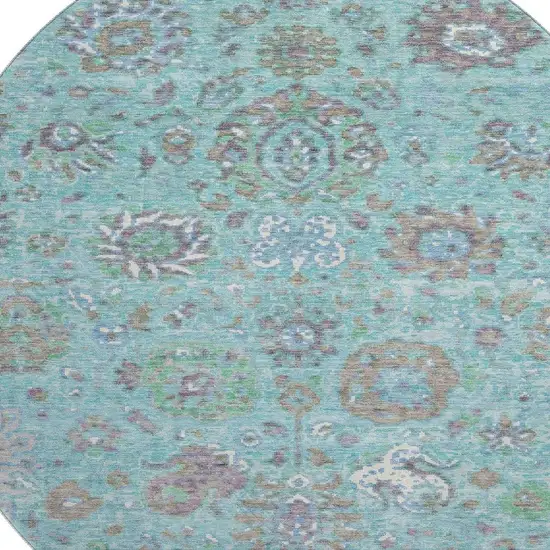 8' Teal Gray And Ivory Oriental Washable Round Rug With UV Protection Photo 3