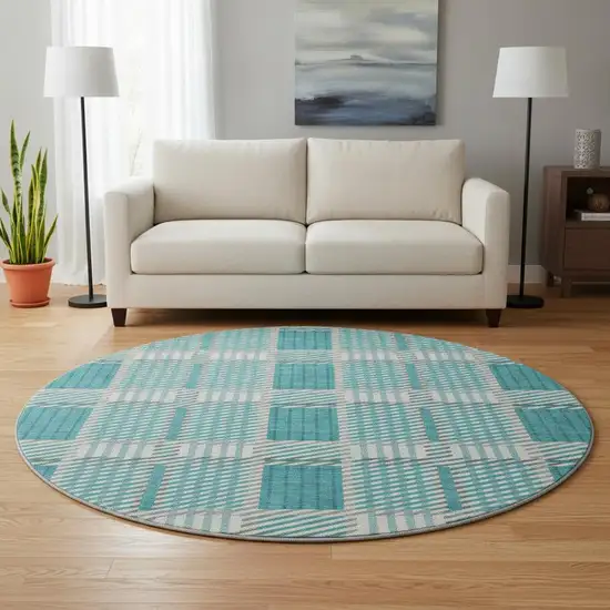 8' Teal Gray And Ivory Plaid Washable Round Rug With UV Protection Photo 2