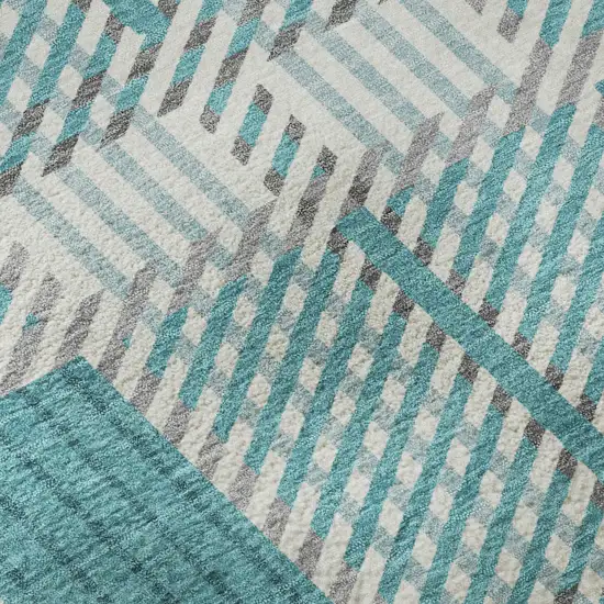 8' Teal Gray And Ivory Plaid Washable Round Rug With UV Protection Photo 8