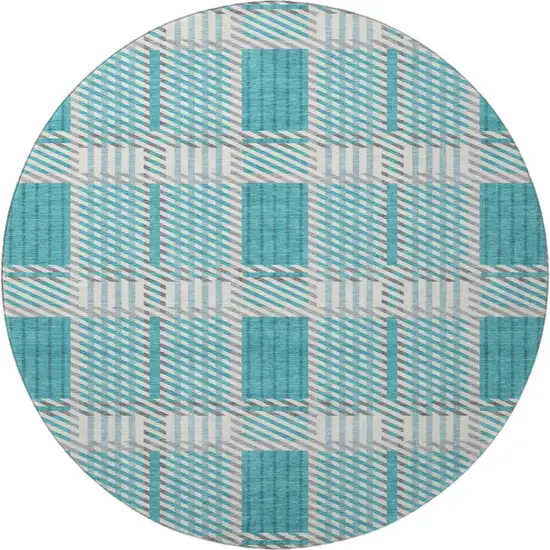 8' Teal Gray And Ivory Plaid Washable Round Rug With UV Protection Photo 3
