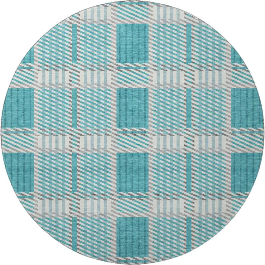 8' Teal Gray And Ivory Plaid Washable Round Rug With UV Protection Photo 3