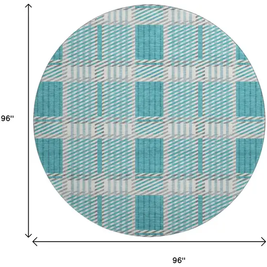 8' Teal Gray And Ivory Plaid Washable Round Rug With UV Protection Photo 9