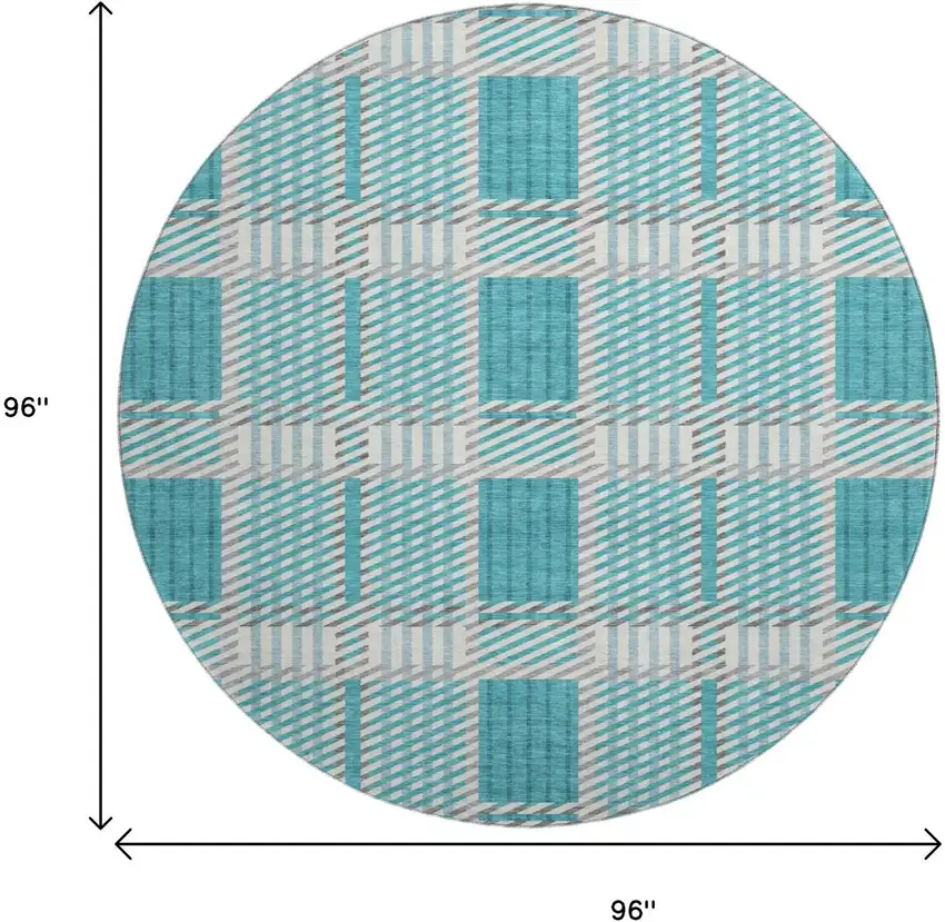 8' Teal Gray And Ivory Plaid Washable Round Rug With UV Protection Photo 9