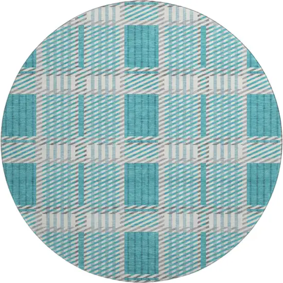8' Teal Gray And Ivory Plaid Washable Round Rug With UV Protection Photo 1