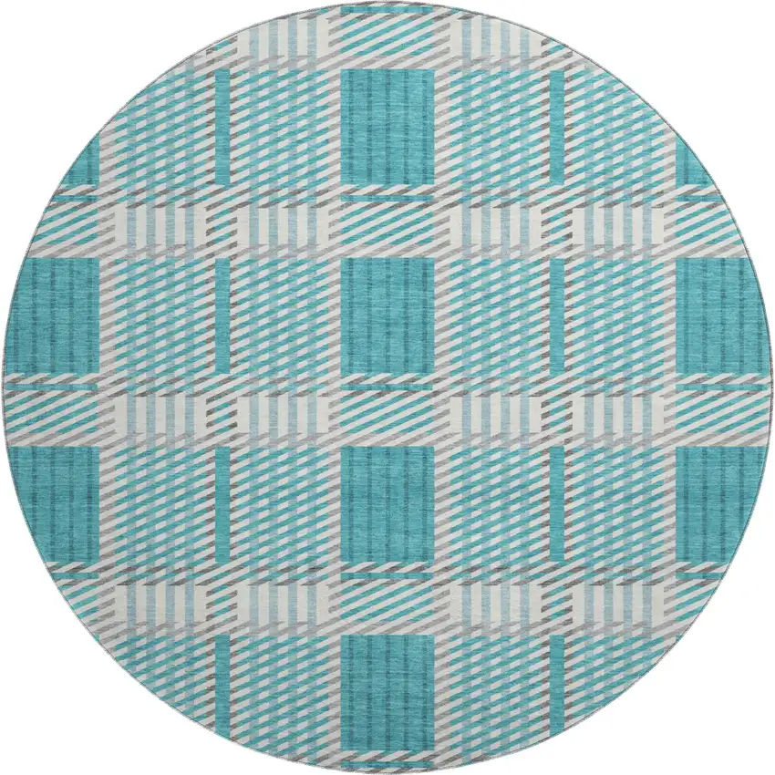 8' Teal Gray And Ivory Plaid Washable Round Rug With UV Protection Photo 1