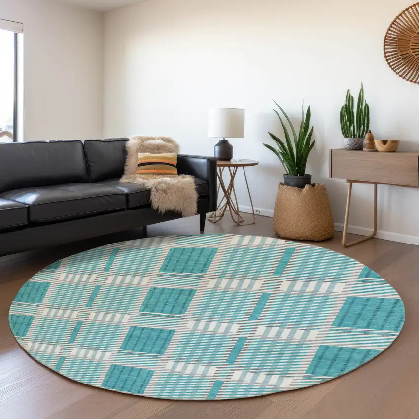 8' Teal Gray And Ivory Plaid Washable Round Rug With UV Protection Photo 4