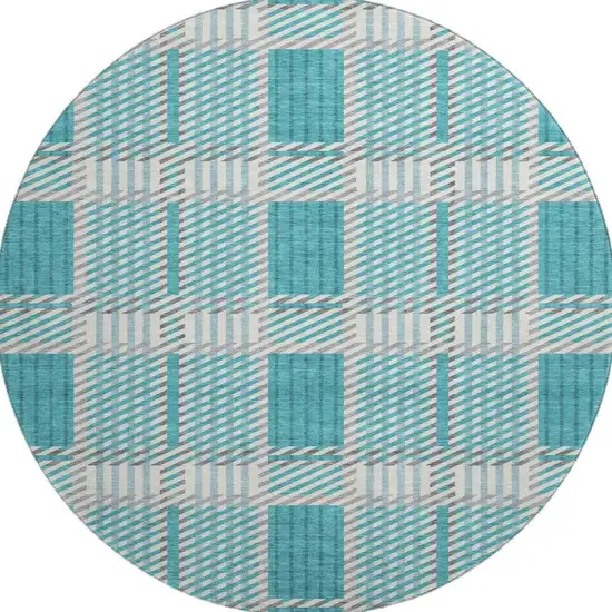 8' Teal Gray And Ivory Plaid Washable Round Rug With UV Protection Photo 2