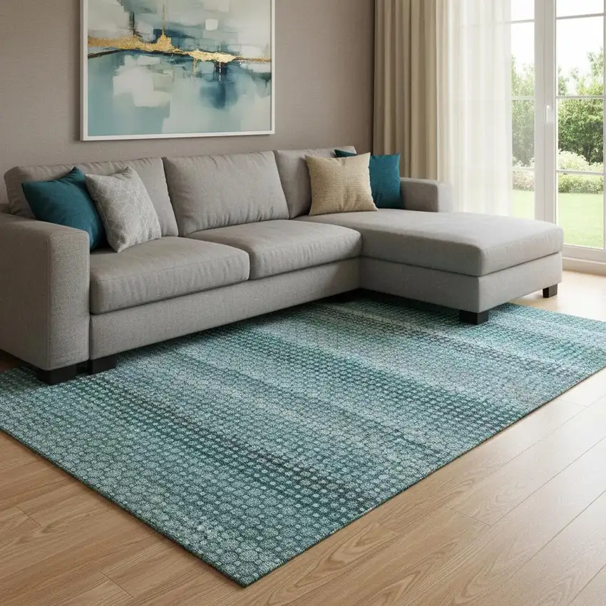 8' Teal Gray And Ivory Striped Washable Area Rug With UV Protection Photo 2