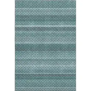 Photo of 8' Teal Gray And Ivory Striped Washable Area Rug With UV Protection