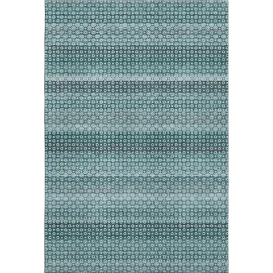 8' Teal Gray And Ivory Striped Washable Area Rug With UV Protection Photo 1