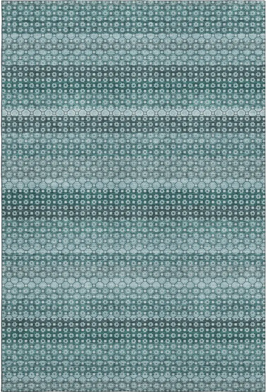 8' Teal Gray And Ivory Striped Washable Area Rug With UV Protection Photo 1