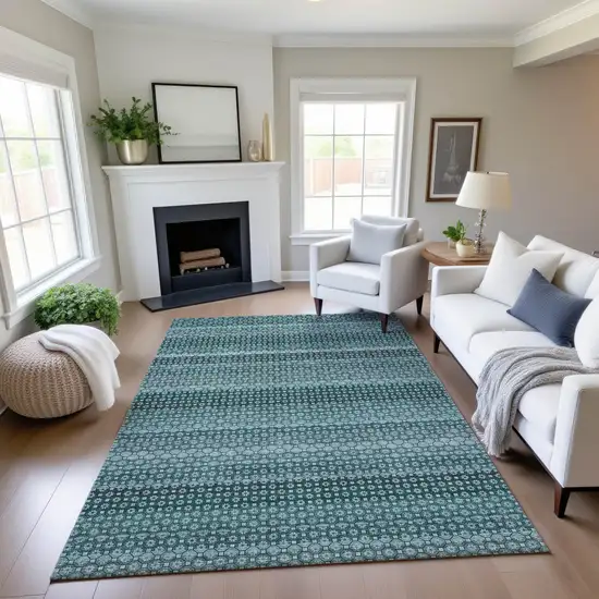 8' Teal Gray And Ivory Striped Washable Area Rug With UV Protection Photo 4