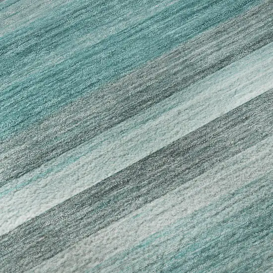 8' Teal Gray And Ivory Striped Washable Round Rug With UV Protection Photo 9