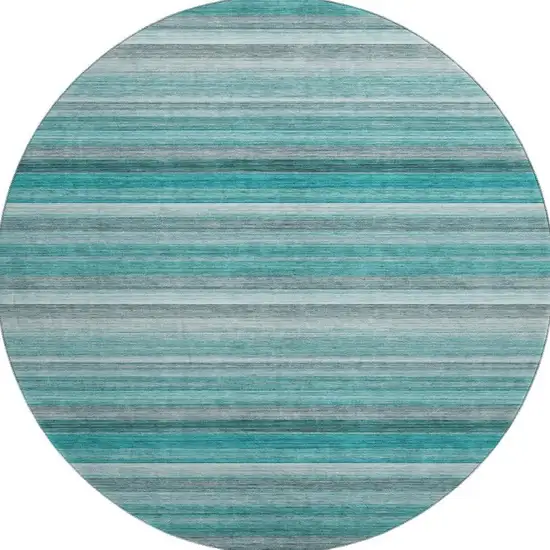 8' Teal Gray And Ivory Striped Washable Round Rug With UV Protection Photo 3