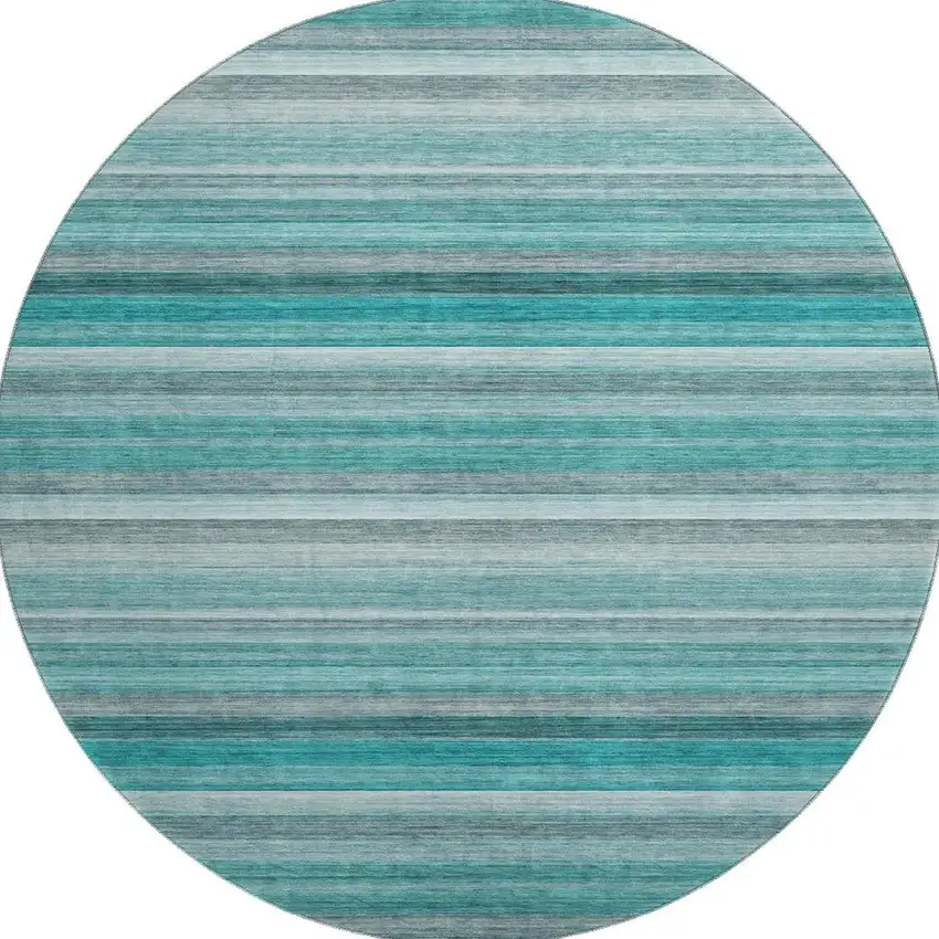 8' Teal Gray And Ivory Striped Washable Round Rug With UV Protection Photo 3