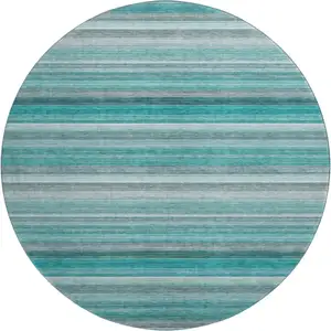 Photo of 8' Teal Gray And Ivory Striped Washable Round Rug With UV Protection