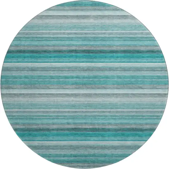 8' Teal Gray And Ivory Striped Washable Round Rug With UV Protection Photo 1